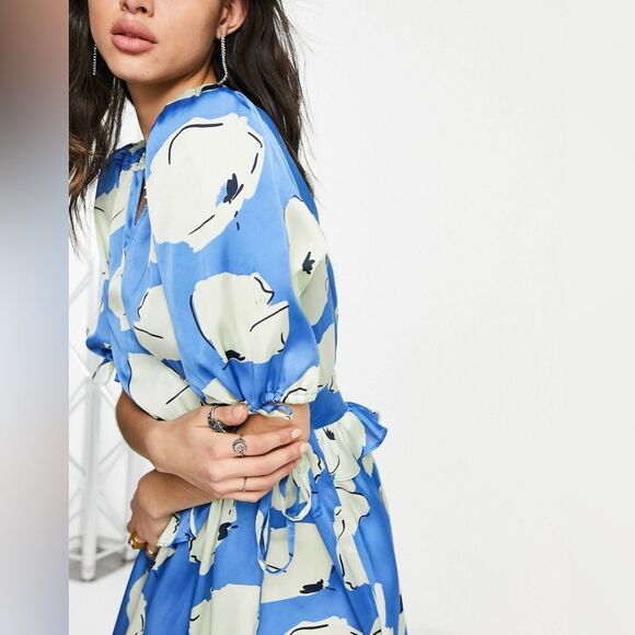 NWT Topshop blue splodge flower ruffle textured wrap midi Dress in Blue Size 6 - Picture 3 of 15